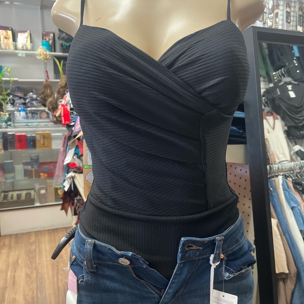 Black Ribbed Wrap-Front Cami Top - Picture 3 of 7